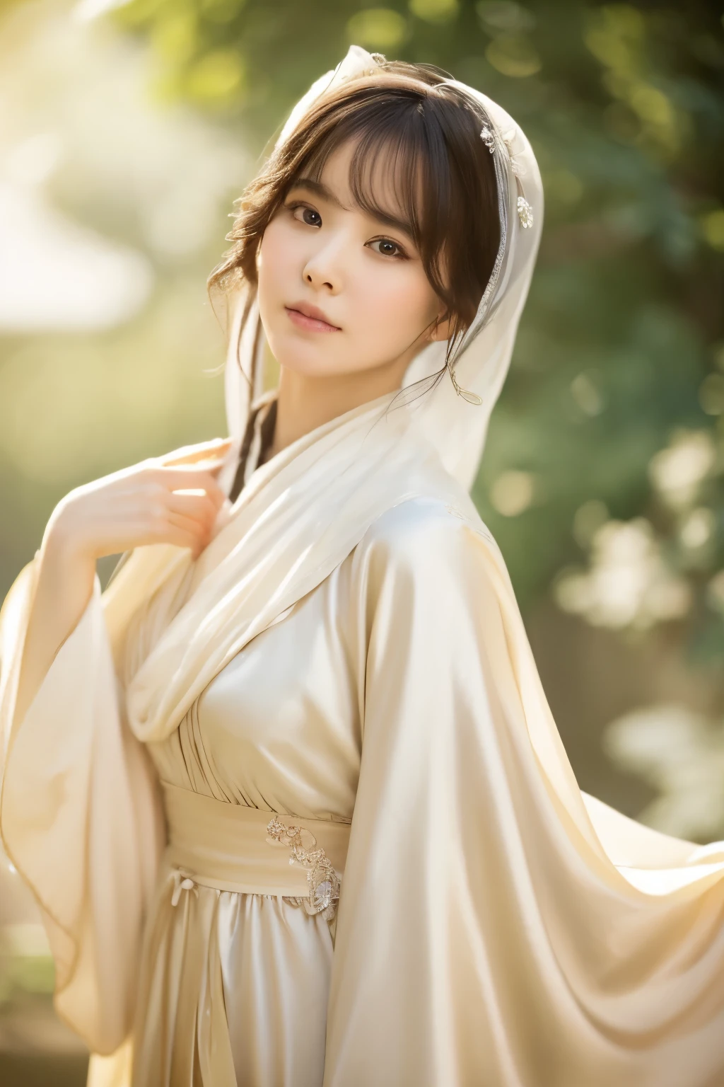 1 girl, (full body), silk robe, white hood, (delicate illustrations:1.4), (highest quality:1.4), (超A high resolution:1.2), (realistic:1.4), (8K, Raw photo:1.2), (soft focus:1.4), (sharp focus:1.4), (renaissance art:1.4), detailed beautiful face, OCTOPATH TRAVELER, the one who controls the truth