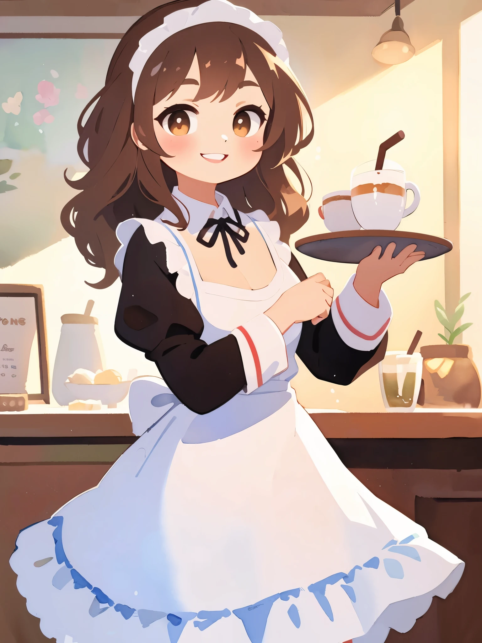 (best quality,ultrares,masterpiece:1.2) (watercolor: 1.25) (pastel colors: 1) 1 young asian woman welcoming you to her cafe ,black french maid costume, holding a delicious latte on a silver tray, charming expression, wavy brown hair, round brown eyes, cofee shop setting, early morning, warm smile
