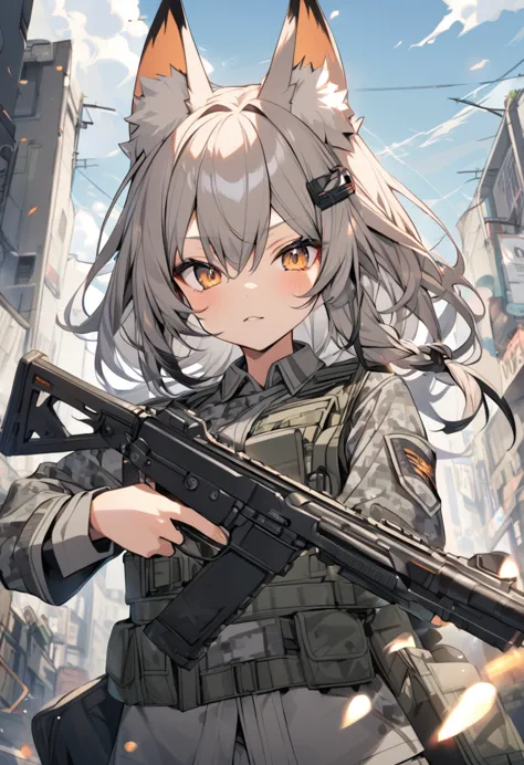 a fox girl wearing a grey military uniform with digital camo pattern holding a pistol 