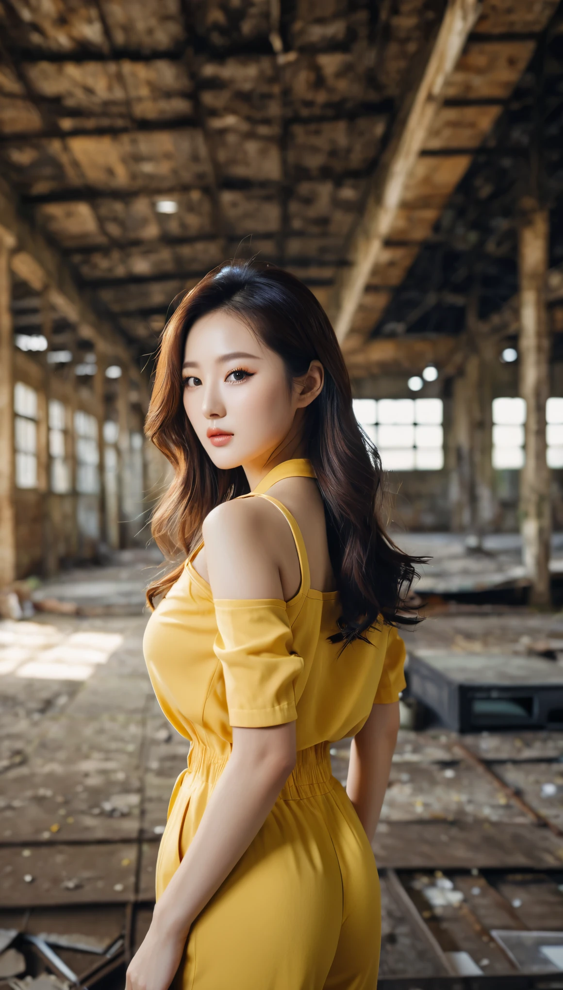 primer plano de una hermosa mujer coreana, tamaño de senos de 34 pulgadas, vistiendo un mono amarillo con ribete negro, en almacén abandonado, fondo bokeh, foto polaroid, HD