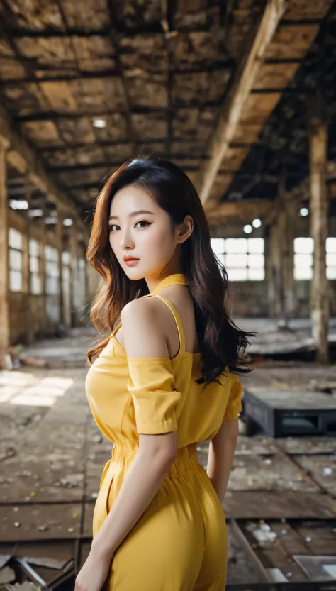 close-up of beautiful korean female, 34 inch breasts size, wearing yellow jumpsuit  black trim, in abandoned warehouse, bokeh ba...