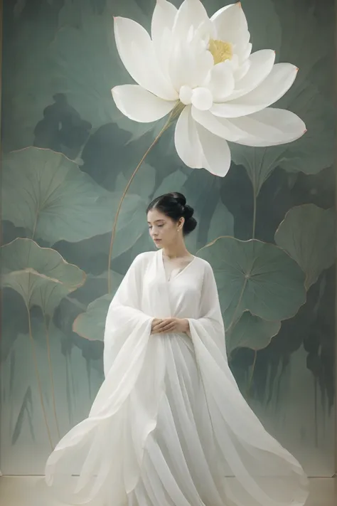 Light jade tone,simple white background, minimalist, elegant, pure gentle, soft light, photorealistic. The hyper-giant lotus wit...