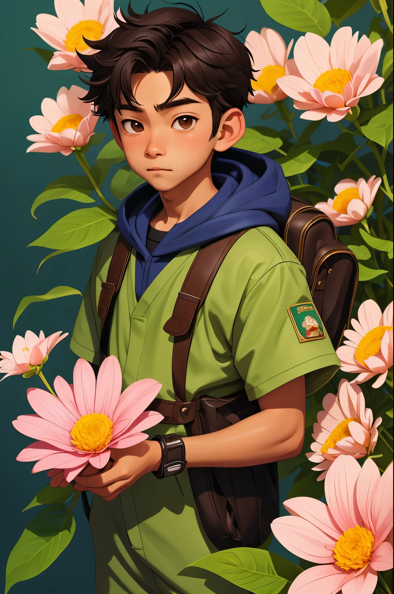 a anime 15 years old boy, beautiful eye, holding a batch of flower,  front view,  looking at camera,  over look,   beautiful,  masterpiece, best quality, by Kuroboshi