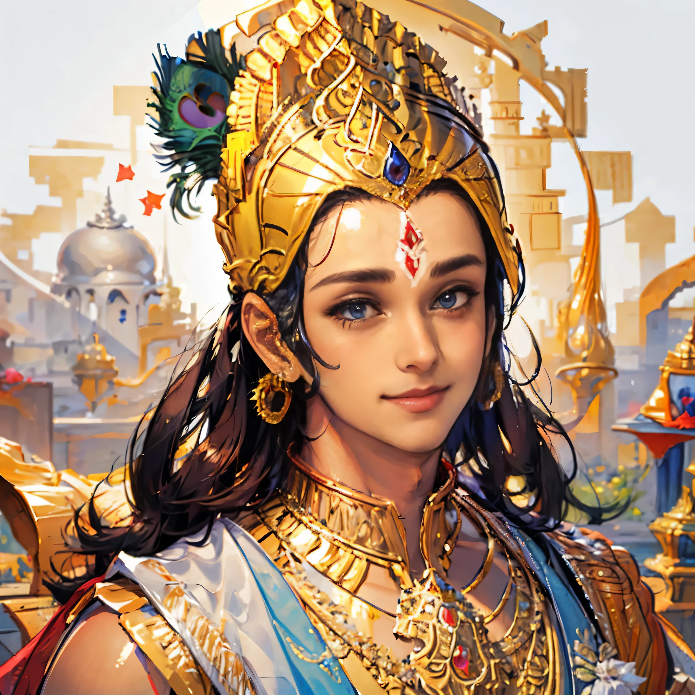 ((best quality)), ((masterpiece)), (detailed), perfect face of lord Krishna smiling digital portrait art 