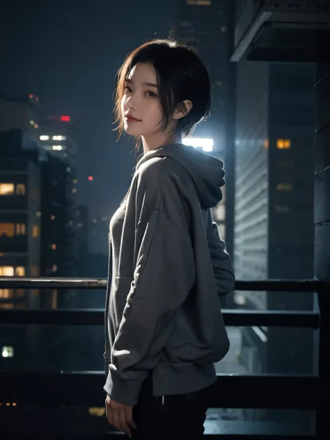 from side, (cowboy:1.4), tech noir, calm cyberpunk style, dark cyberpunk atmosphere, A young cute girl, floating short hair, shy...