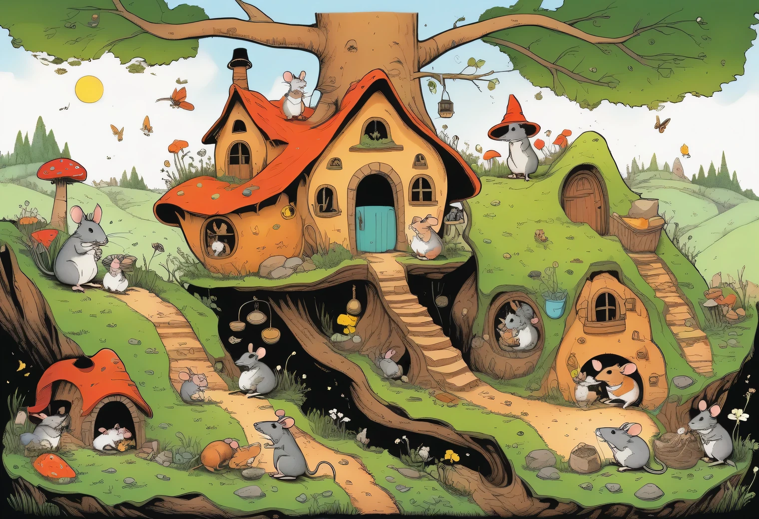 A complex picture of vector graphics, a surreal image of a cross-section of the earth with a large fairy-tale hole in which hobbits live, normally warm and cozy, clean decoration, a fictional fairy-tale atmosphere, a samovar, tea, pies, and above the bunk the earth is covered with forest and mosses, vector graphics, high resolution, clear contours, colorful gradients, high detailed, ultra-detailed