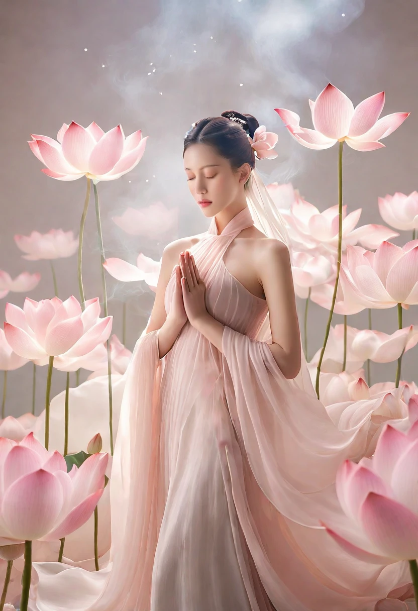 Light pink and light white tones,full bodyesbian,  white backgrounid, Natural lighting, Efeito de Luz, minimalist, Elegant, pure tenderness, softlighting, realisticlying. A woman who is (clavicle, bshoulders,) posing on a (pray and stand) A super giant lotus with large and long petals (Petals are made of thin, soft gauze fabric, Full background of flowing petals, floating petal, super flying petals, Smoke effect mixed with petals), Lotus dress,((ssee-through)).