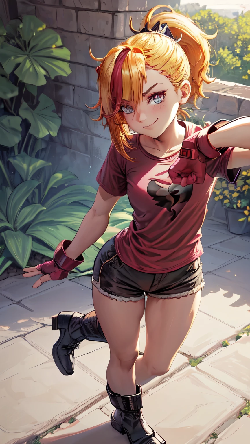 (best quality:1.2),solo,1girl,mdrin,smile,looking at viewer,lovely pose, ponytail,v-shaped eyebrows,red shirt, fingerless gloves,black shorts , garden background, warm color tones,soft lighting, Hair over one eye, ultra long hair, standing on hooftop, long boots, long ponytail, blonde 