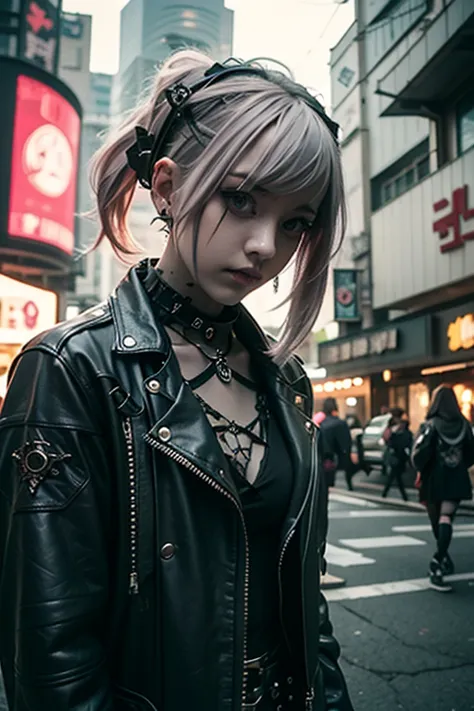 araffe girl with pink hair and a leather jacket posing for a picture, cyberpunk art by shitao, tumblr, aestheticism, goth aesthe...