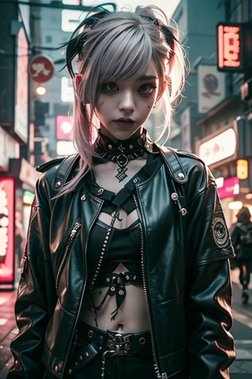 araffe girl with pink hair and a leather jacket posing for a picture, cyberpunk art by Shitao, tumblr, aestheticism, goth aesthetic, anime style mixed with fujifilm, aesthetic cyberpunk, punk style, cyberpunk streetwear, dressed in punk clothing, cruel korean goth girl, goth girl aesthetic, wearing cyberpunk streetwear, pastel goth aesthetic