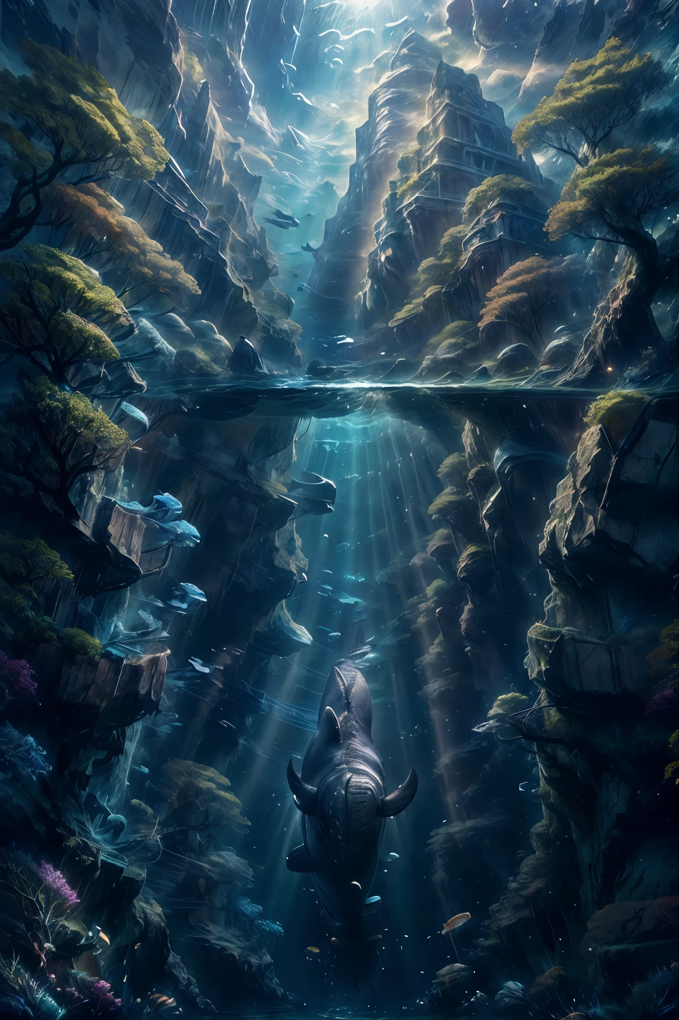 (best quality,4k,8k,highres,masterpiece:1.2),ultra-detailed,(realistic,photorealistic,photo-realistic:1.37),underwater,mythical landscapes,serene,submerged city,ancient civilization,vibrant marine life,aquatic creatures,striking contrast,ethereal,secluded paradise,majestic and towering rocks,calm and tranquil environment,magical atmosphere,sublime beauty,rays of sunlight piercing through the water,deep blue hues,illuminated by soft and warm lighting,almost otherworldly,secrets of the deep revealed,unearthly serenity,lost world,dreamlike surrealism,untouched by human hands,mysterious and enchanting,awe-inspiring,unexplored depths,undiscovered wonder,unfathomable depths,spectacular spectacle. atlantis,halfwater,(whale:1.3),(fish:1.3),giant_stone,tree,no_humans,two tone lighting, mountain,waterfall,ruins, (sunshine:1.2),