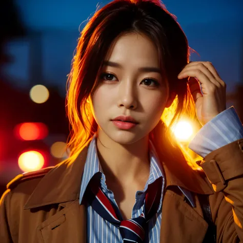 Arafe woman wearing a brown coat and tie posing for a photo, Shin Jin Young, Portraits of Korean female idols, korean girl, Choi...