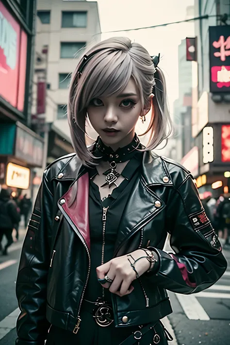 araffe girl with pink hair and a leather jacket posing for a picture, cyberpunk art by shitao, tumblr, aestheticism, goth aesthe...