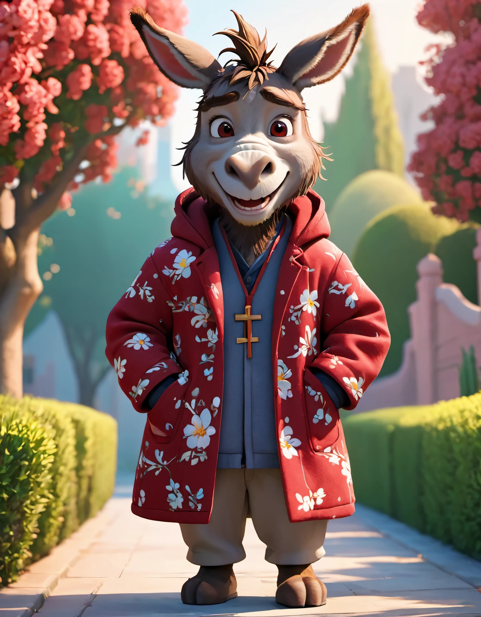 3d，c4d，disney art of animation，personification，Donkey man，Donkey-headed man，Wearing a Northeastern red floral thick cotton coat，Cross your arms，Head turned to one side stubbornly，Warmth，Cute and cute，Cartoon，OC renderer，8k，high quality，masterpiece