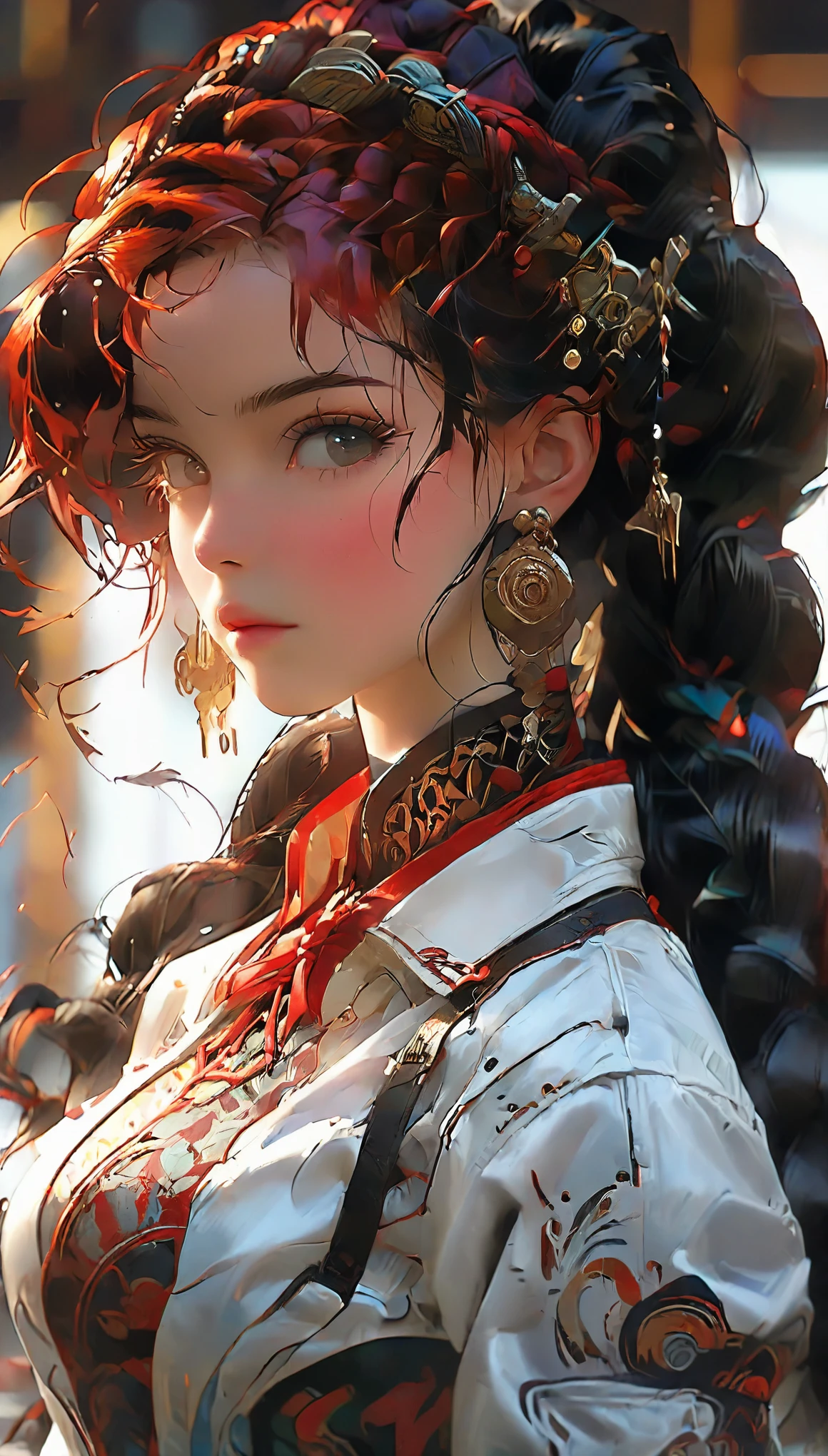 1 girl, Portrait of beautiful lobapex, Athletic, white jacket, corset, skirt, trousers, black hair, Red hair, braid, cosmetic, collar, split, wide hips, Volumetric lighting, best quality, masterpiece, intricate details, Tone mapping, sharp focus, Super detailed, Popular topics on ArtStation, actual