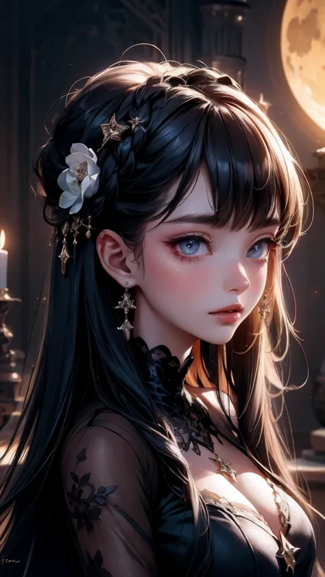 Cute Girl, black lace dress,portrait,beautiful detailed eyes,beautiful detailed lips,long eyelashes,witch,black magic wand,moonl...