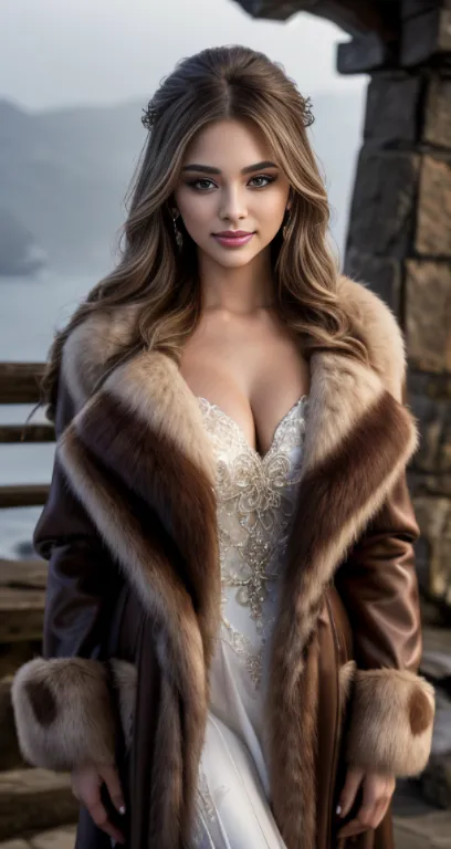 A captivating young woman poses for a sharp-focused photo in the midst of a serene cliffside setting. Dressed in an alluring fur...