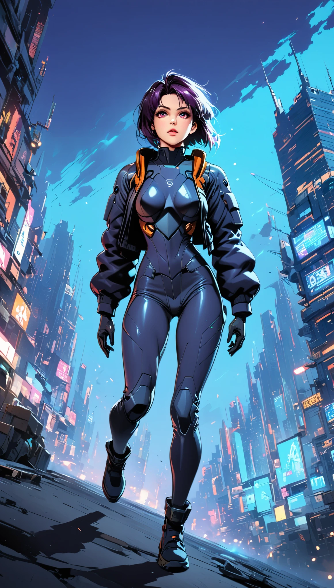 (Vector art), (best quality,highres,ultra-detailed,realistic:1.37), (cowboy shot:1.1), (high angle shot:1.1), (ohwx woman), Anna Sawai as Motoko Kusanagi from Ghost in the Shell, Motoko jumps backwards with a flip from roof edge of skyscraper, dynamic shot, tall and confident, her face adorned with augmented reality features,The background is urban and futuristic, with towering skyscrapers and neon lights casting a vibrant glow. The lighting is atmospheric, emphasizing the shadows and highlighting the metallic details of the outfit. The overall color tone is cool, with a slight blue tint, giving the scene a futuristic and cyberpunk ambiance, full body shot, jacket, tactical suit, detailed face, Vector cartoon illustration