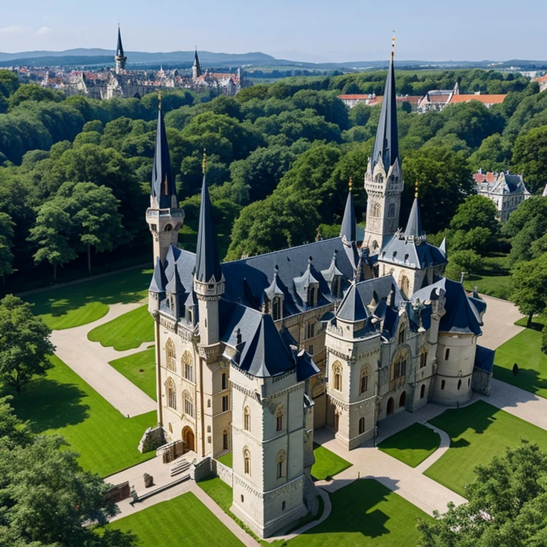 A grand castle with multiple spires and towers