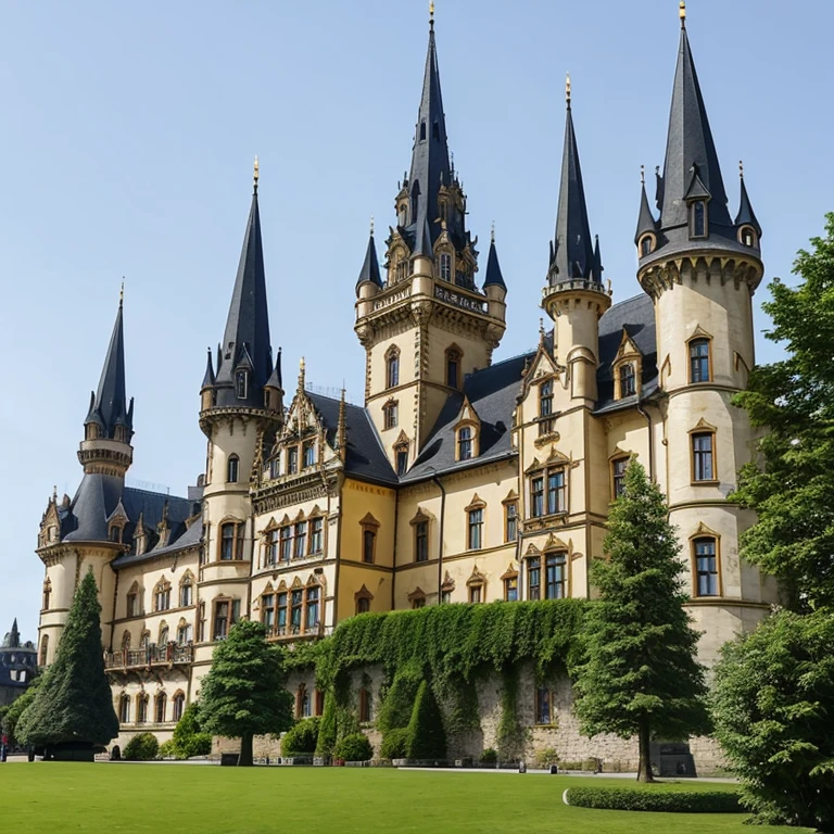 A grand castle with multiple spires and towers