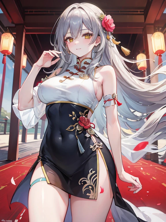 realistic image, coherent image, detailed image, 1 beautiful girl. She has silver hair, long hair. Yellow eyes, long eyelashes. Her face is oval and delicate. Smiling. She wears a red Cheongsam, side slits. She has a curvy body, medium breasts and thick thighs. Chinese temple, flower petals falling around. ambient light, volumetric light,