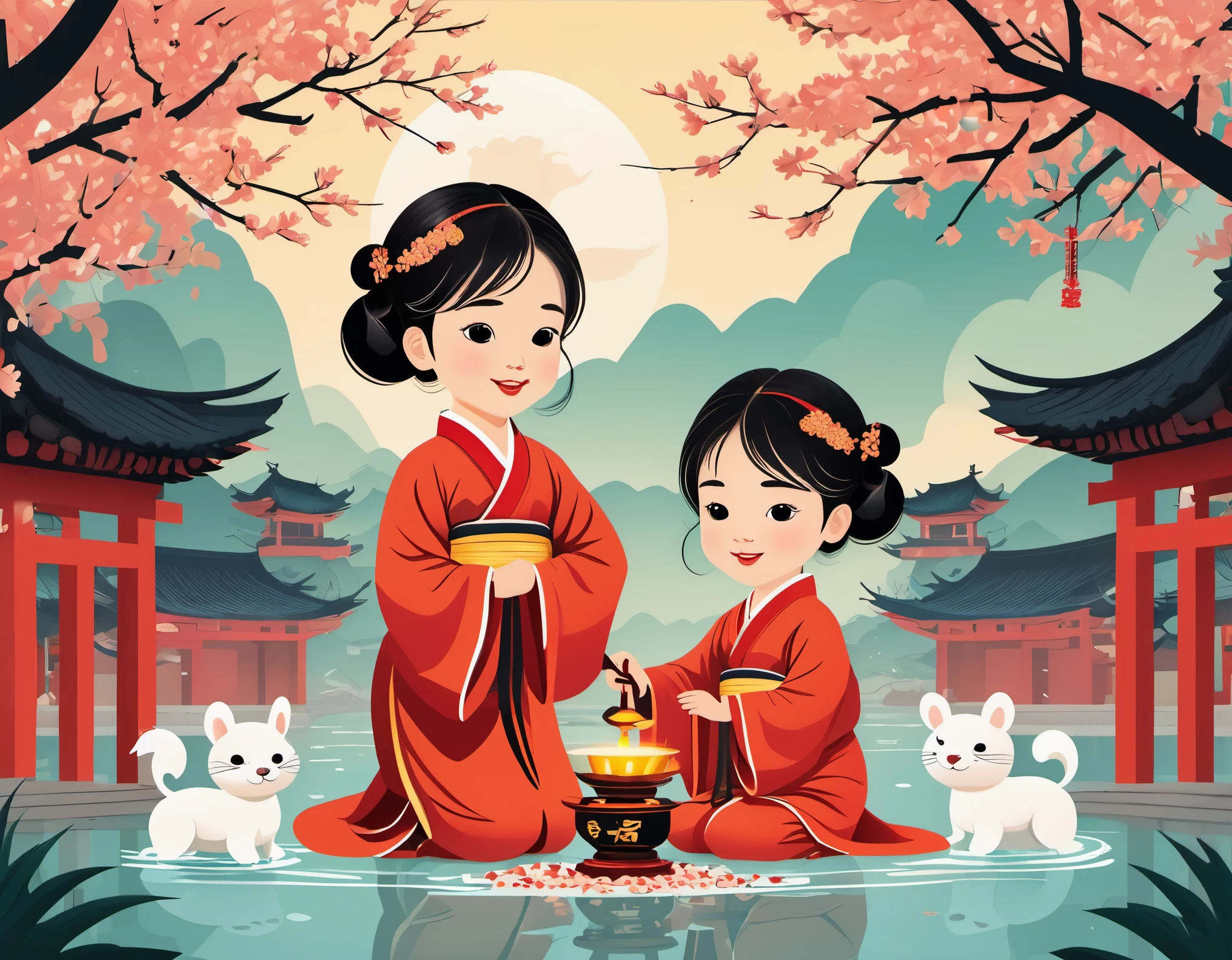 Vector illustration，vector art，children illustration，Flat coating，Ching Ming Festival，sacrifice，8k，high quality，masterpiece