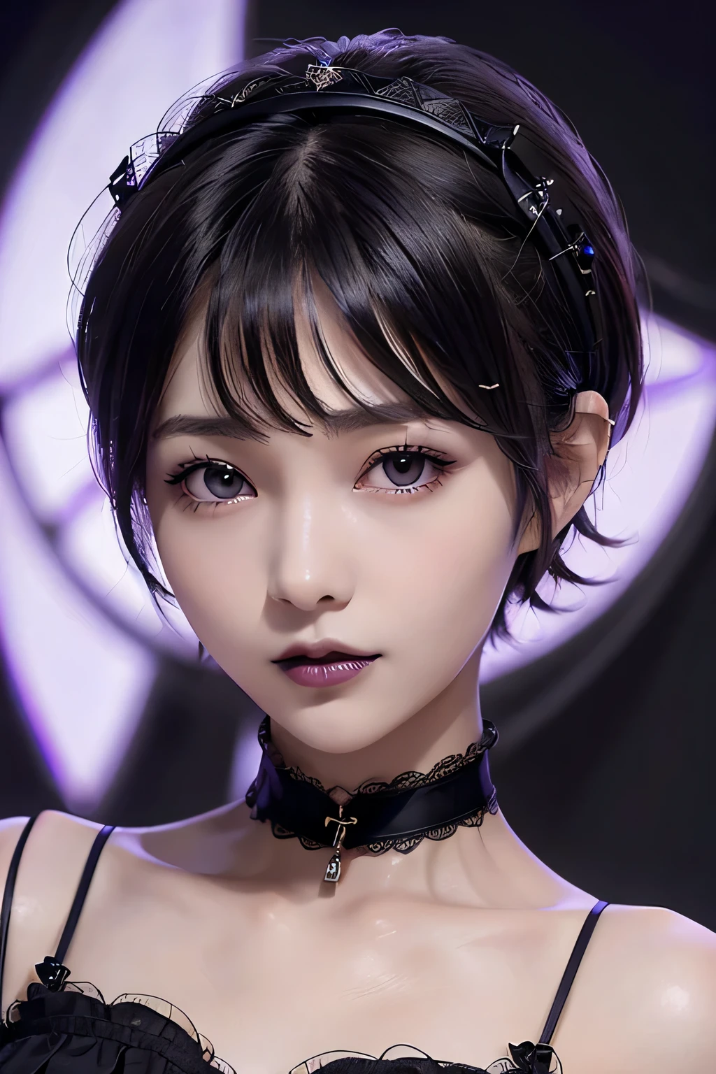 ８ｋ、highest quality, 1 girl, , , ((pixie cut)),realistic skin , Lanky Body, slim、flat body、lonely face、cute、inverted triangle face、 (close up headshot:1.23) 、(gothic lolita:1.23)、(black lips:1.3)、Cinematic dim lighting、Purple Eyeshadow