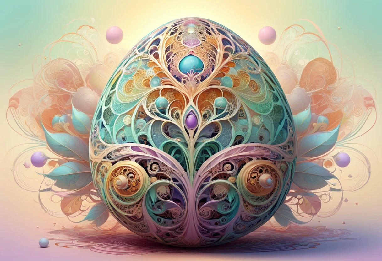 Fractal design art on the theme of Easter eggs. Zen art,Complex bizarre,  vector illustration in two dimensions, simplicity of pastel hues, whimsical, dream-like aura, flat design strategy, main focus on the subject, intricate detailing, increased saturation, set amidst a captivating background, trending illustration format on ArtStation, by Greg Rutkowski, masterful watercolor treatment