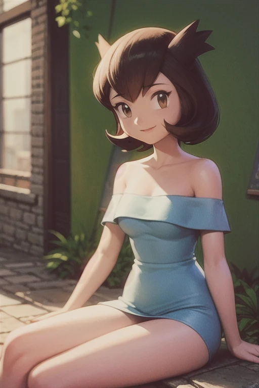 masterpiece, best quality, ultra-detailed, illustration, beautiful detailed eyes, very detailed illustration, cinematic lighting, 1 girl, solo, Pokemon Heroes (Bianca), Brown Hair, brown eyes, bare shoulders, strapless, soft skin, smile, Light Blue Dress, Light Blue Ruffle Off-the-Shoulder Top, Light blue maxi skirt, very high resolution, garden background. ultra-detailed, hdr, far at the bottom, in the center,
