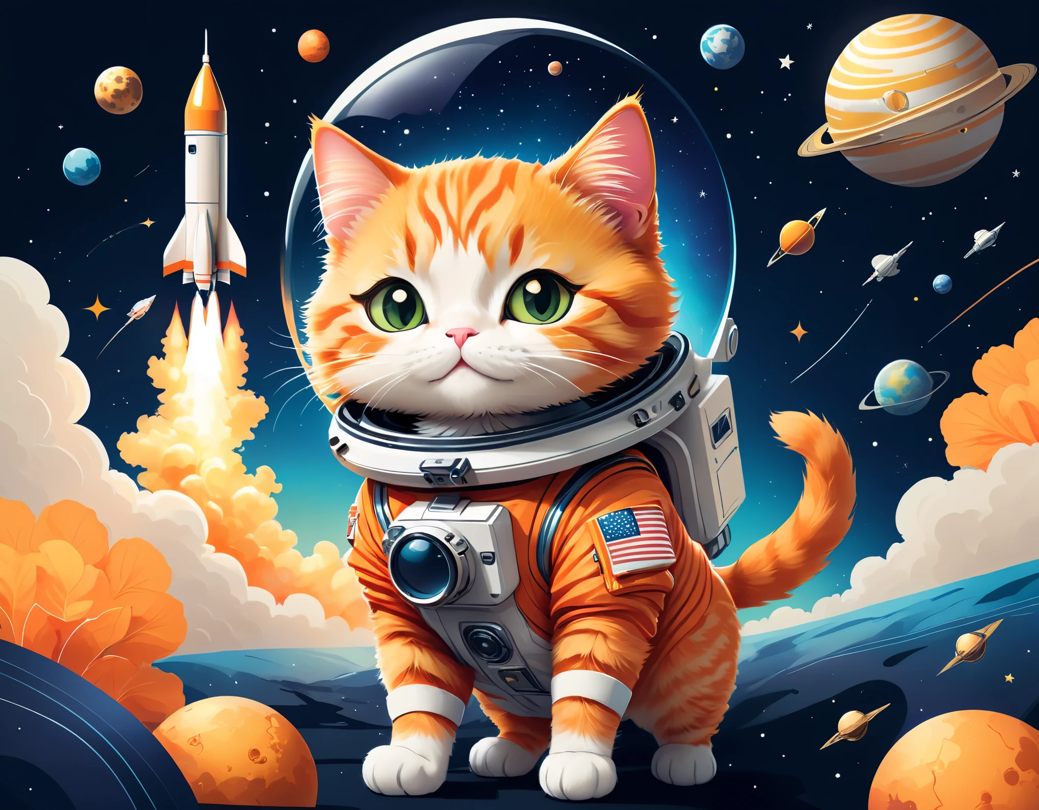 vector art:Cat astronaut,draw with thick lines,illustration,adobe,flat design,Works created by professional designers,超Brilliant宇宙旅行,orange cat:Spacesuit,Rocket emblem,technology,adventure,Inside the spaceship,Stainless steel panel,monitor,Control panel,spaceship windows,no gravity,buoyant,floating object,cute,Fantastic,Brilliant,Bokeh effect,fun,Wonderful,joy,masterpiece,最高masterpiece,rich colors,colorful,cool,rendering,zentangle elements,line art,