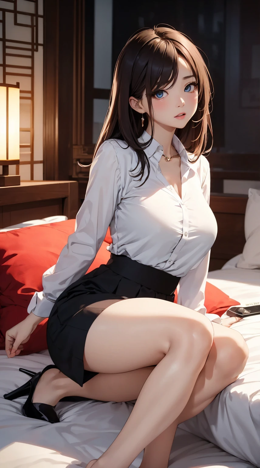 masterpiece,8k,high quality,full body:1.7,clean blue eyes,open red mouth,red tiek,crying cuty face,biggest large brest,tight west,very sparking clothes,biggest large brest,araffed woman in a white shirt and black skirt posing on a bed, korean girl, beautiful south korean woman, gorgeous young korean woman, sexy girl, elegant seducing pose, korean woman, beautiful young korean woman, smooth white tight clothes suit, gorgeous chinese model, sexy pose, captivating and enticing, sexy style, lovely woman, photo of slim girl model,