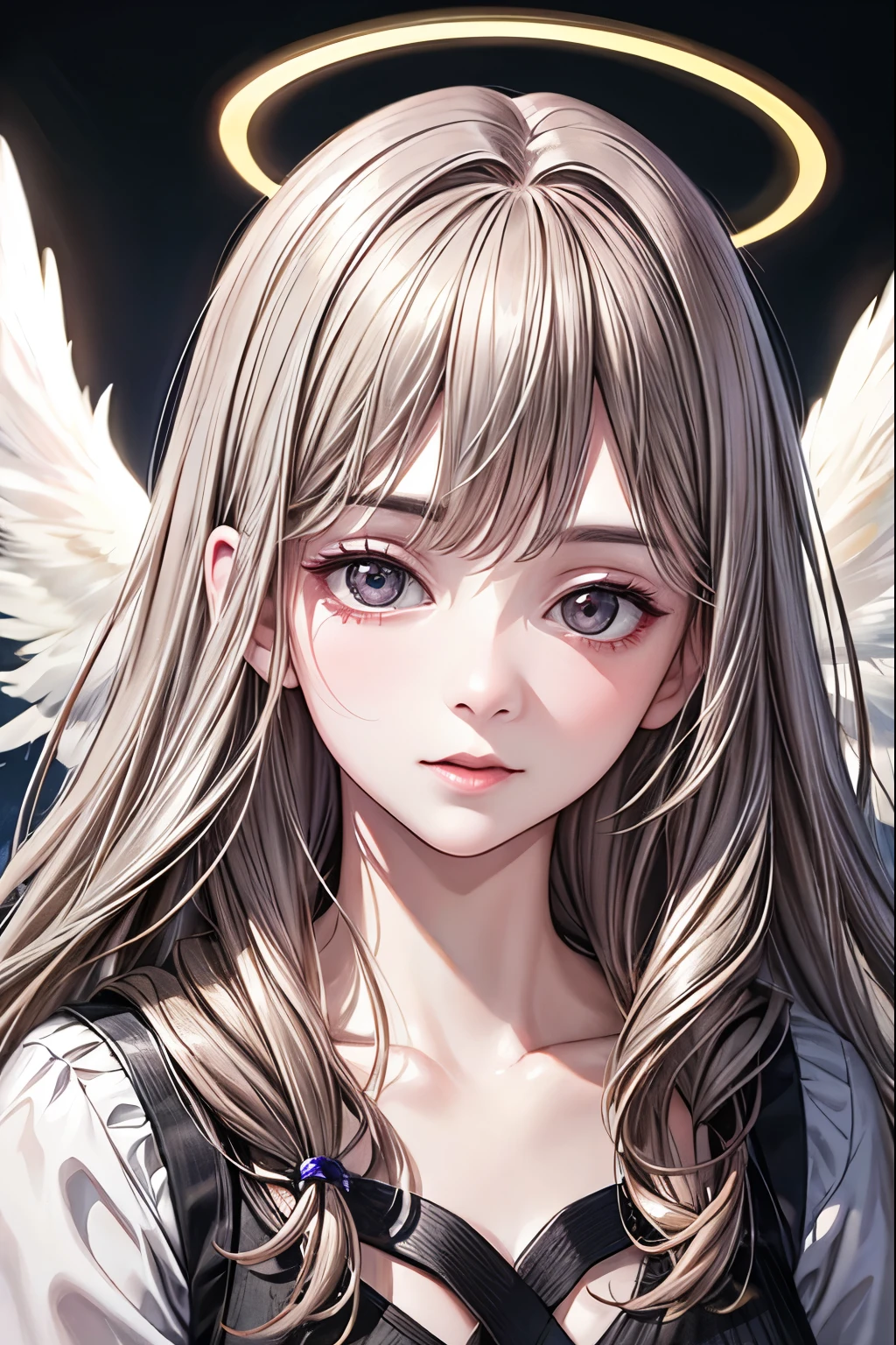 Best quality, masterpiece, ultra high res, (photorealistic: 1), in the dark, 1girl, solo, long blonde hair, angel halo, bright white skin, angelic, wings, feathers, deep shadow