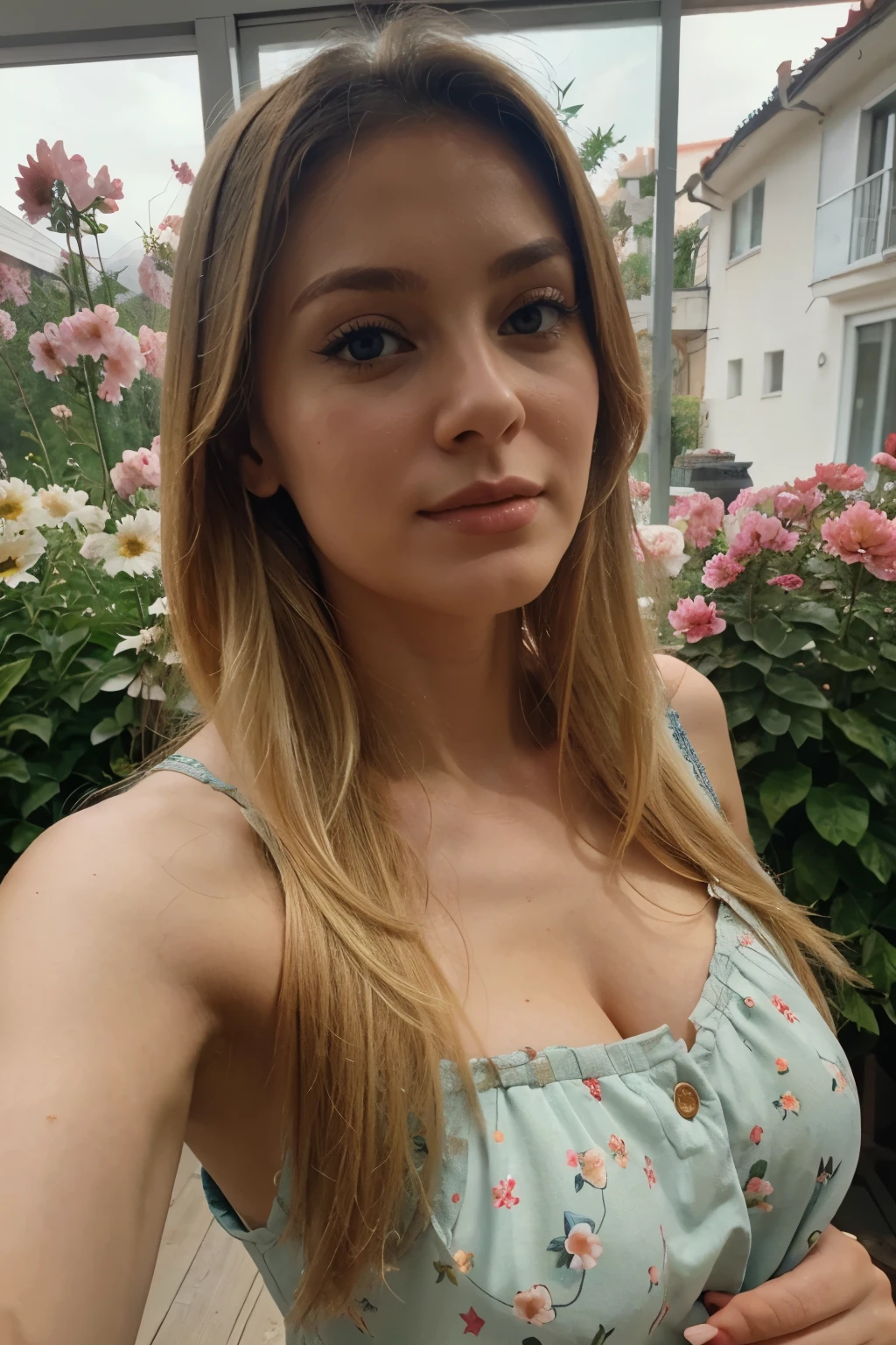 blond russian woman 40 years old making selfie with fowers