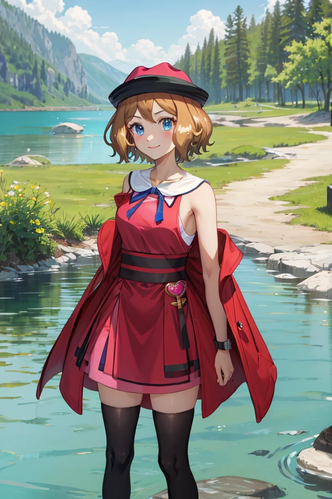 masterpiece, best quality, highres, serena \(pokemon\), short hair, blue eyes, 1girl, solo, blue ribbon, eyelashes, black thighs, neck ribbon, sleeveless, bangs, collarbone, bare arms, pink dress, red coat, pink hat, outdoor, standing by a lake, blushing, smile, long stockings, black stockings, mid-thigh stockings, medium-sized female breasts,  Neckline, detailed background, background of great details.