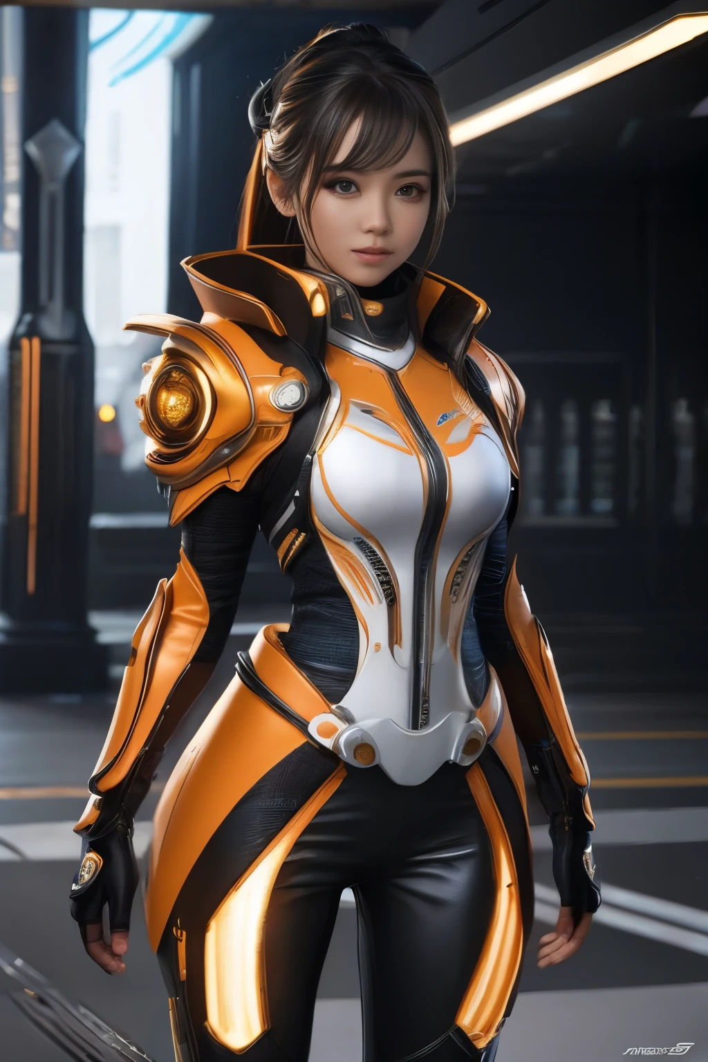 (high quality), (masterpiece), (detailed), 8K Hyper-realistic depiction of Amber Megacypher Cloths, a Japanese girl character adorned in futuristic attire, captured with intricate detailing and lifelike precision in a futuristic setting.