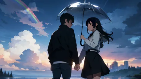 In the storm、A young man holding the hand of a young woman、looking up at the sky、don&#39;t draw an umbrella、The background is th...