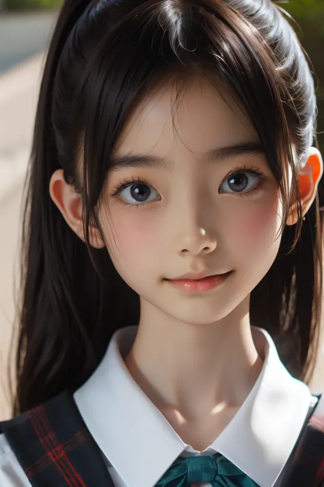 Beautiful 12 year old Japanese woman), cute face, (deeply carved face:0.7), (freckles:0.6), soft light,healthy white skin, shy, (serious face), thin, smile, uniform, ponytail