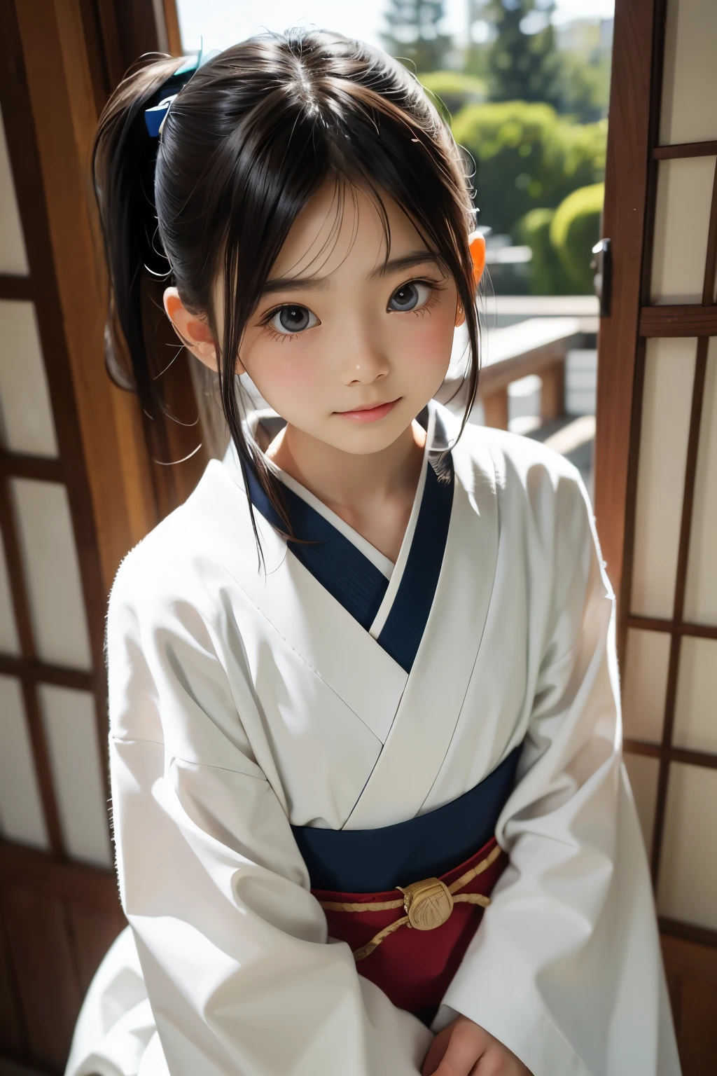 Beautiful 12 year old Japanese woman), cute face, (deeply carved face:0.7), (freckles:0.6), soft light,healthy white skin, shy, (serious face), thin, smile, japanese , ponytail