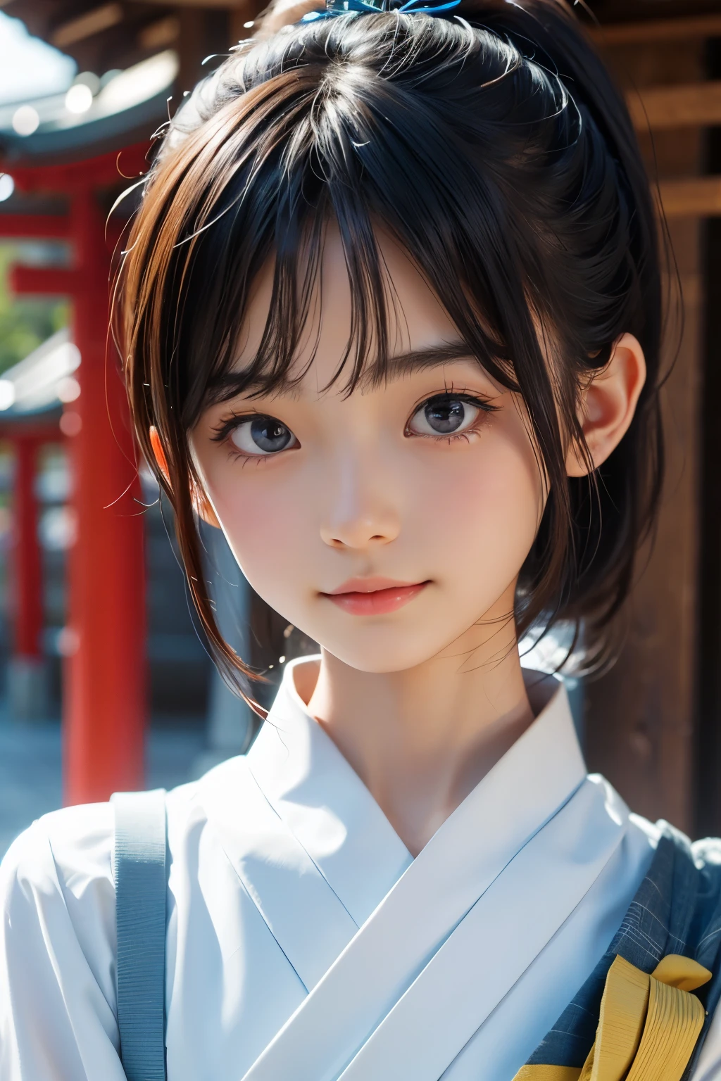 Belle femme japonaise de 12 ans), visage mignon, (visage profondément sculpté:0.7), (taches de rousseur:0.6), Lumière douce,peau blanche et saine, Timide, (visage sérieux), mince, sourire, Japonais , queue de cheval