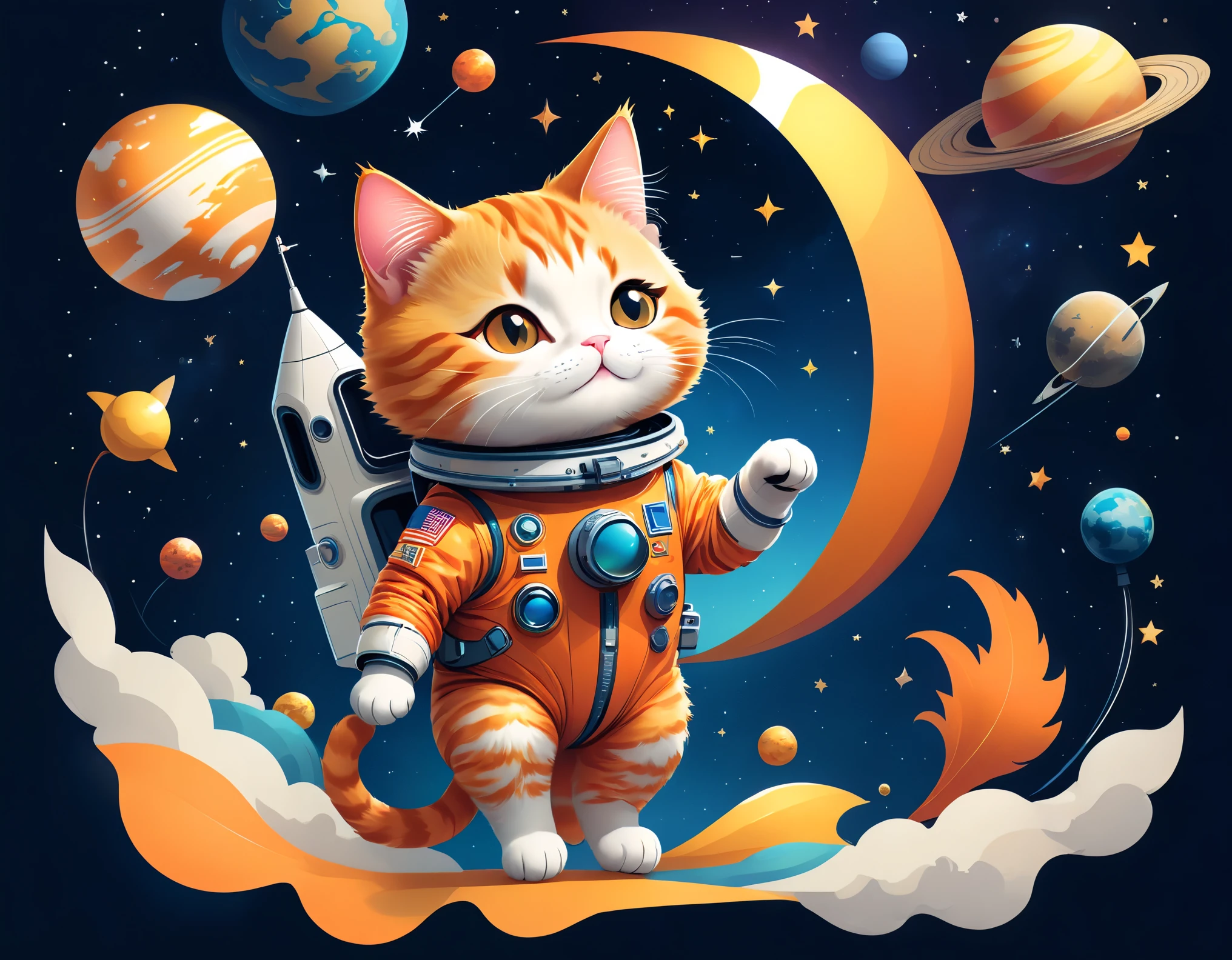 vector art:Cat astronaut,draw with thick lines,illustration,adobe,flat design,Works created by professional designers,超Brilliant宇宙旅行,orange cat:Spacesuit,Rocket emblem,technology,adventure,Inside the spaceship,Stainless steel panel,monitor,Control panel,spaceship windows,no gravity,buoyant,floating object,cute,Fantastic,Brilliant,Bokeh effect,fun,Wonderful,joy,masterpiece,最高masterpiece,rich colors,colorful,cool,rendering,zentangle elements,line art,