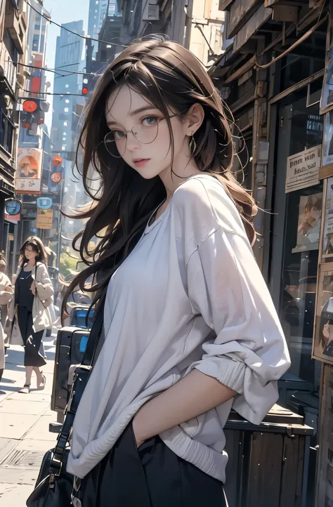 Photo of a beautiful woman standing on a street corner, Perfect model body shape, Stylish pants style, colorful purple shirt, su...