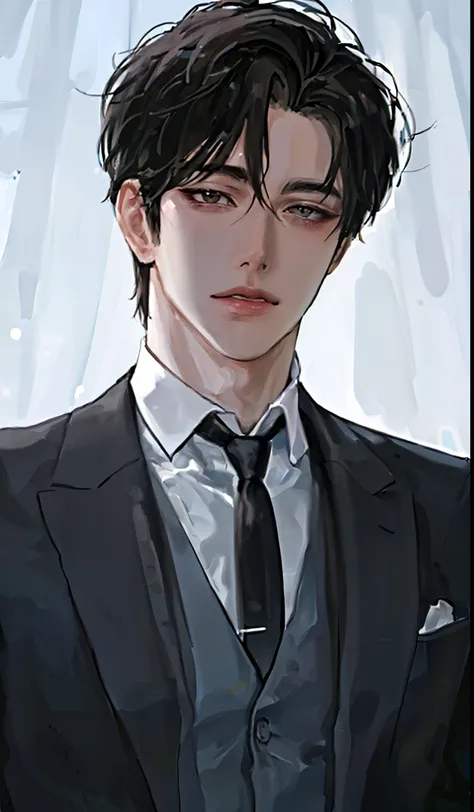 1 man, portrait, Beautiful handsome, alone, lips,  male focus, random color, looking at the viewer, short hair, gentle expression, suit，black hair