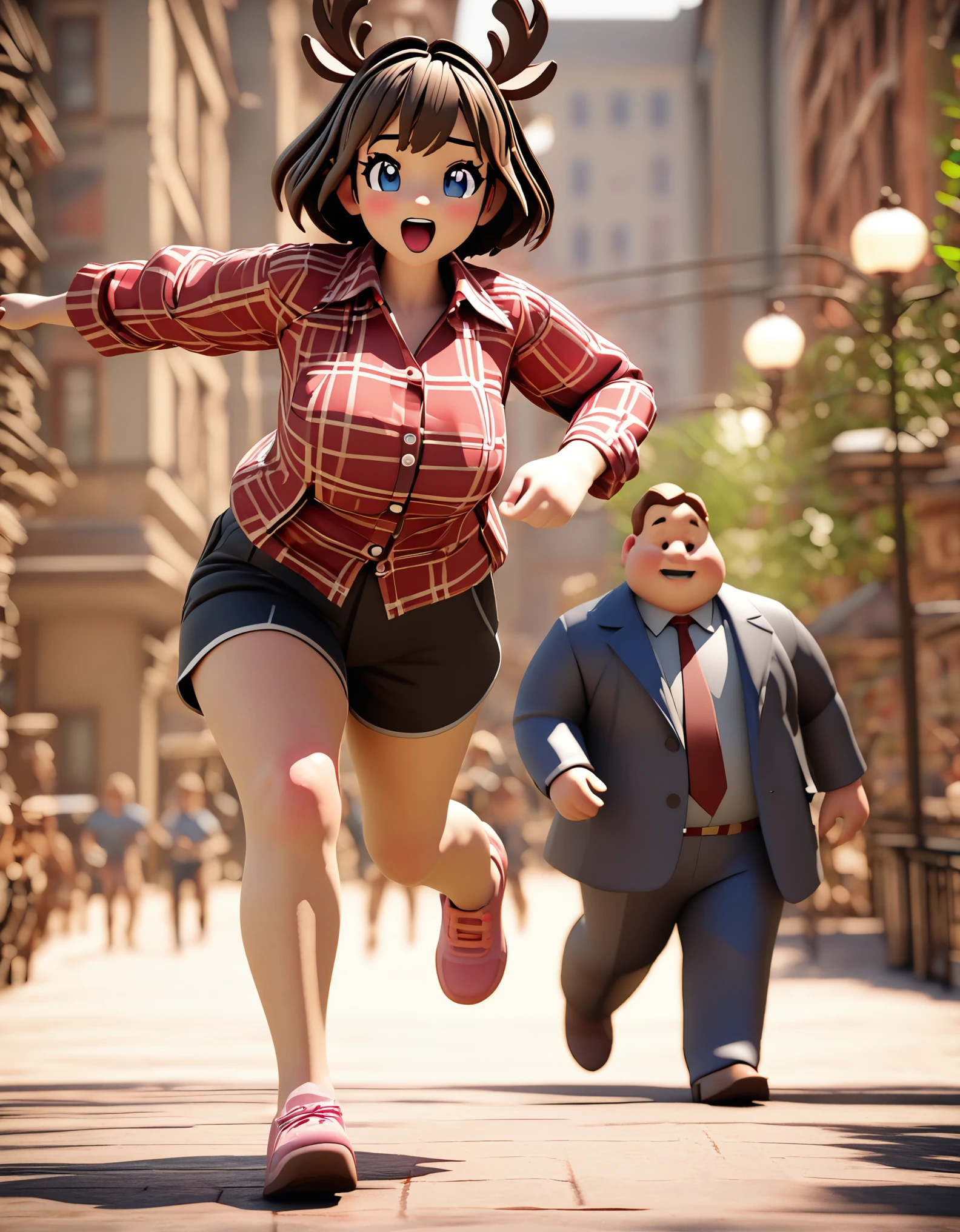 Anime characters running down a street with a man in a suit - SeaArt AI