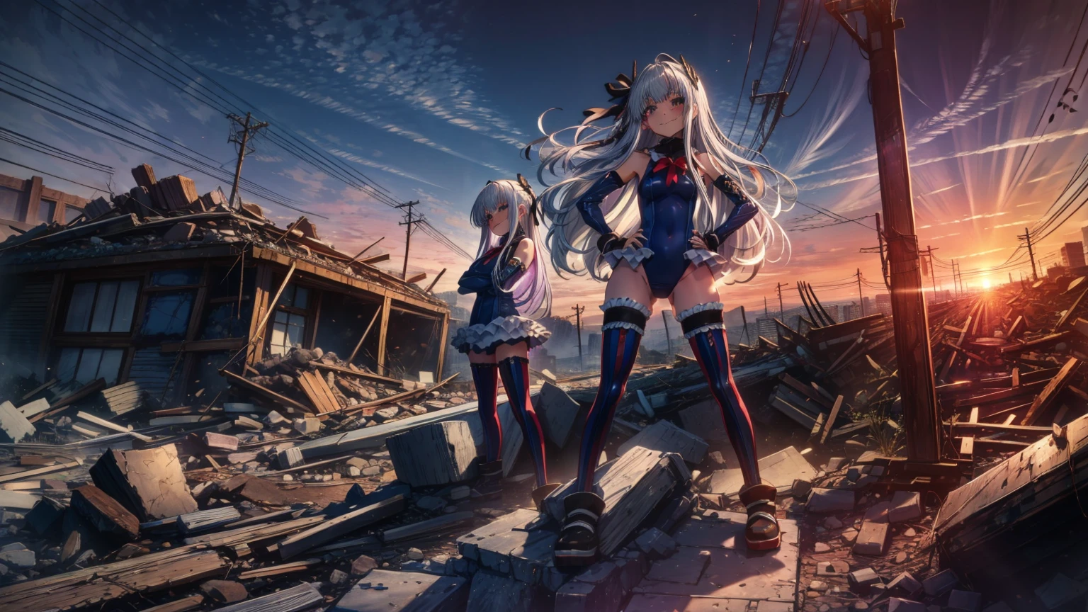 perfect anatomy, highest quality, rose,evil smile,provocative attitude
,(Girls greet dawn on top of a pile of rubble:1.1),evil smile,anime style,(ruffle swimsuit, Thighhighs, removed sleeve), (anime style:1.4) ,
silver hair,(white fingers:1.1,black gloves),very long hair,evil aura,(from below),put both hands on hips、Little girls fallen in the background:1.4)
