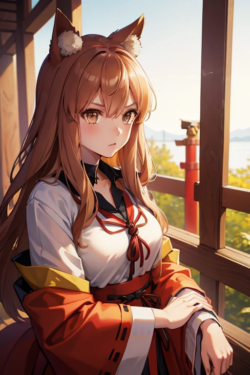 masterpiece, best quality, highresolution, 8k, 1girl, solo, japanese shrine, Fate Suzuka_Gozen, brown hair, golden eyes, fox girl,