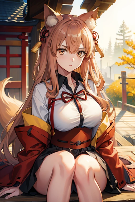 Meisterwerk, beste Qualität, hohe Auflösung, 8k, 1 Mädchen, Allein, Japanischer Schrein, Fate Suzuka_Gozen, braune Haare, goldene Augen, Fuchs Mädchen,