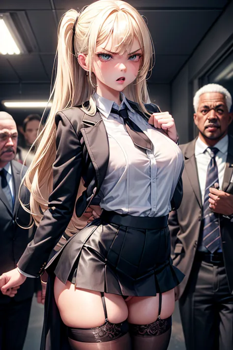 Crowded office, (sexy teenage girl), (cute:1.3), (blonde hair), blue eyes, (delicate pale white skin), (girl wears business jack...