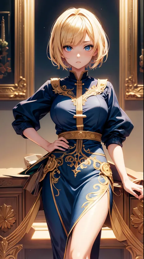 "Anime style of a beautiful girl with blonde, short hair, including detailed depiction of intricate clothing and vivid, expressi...