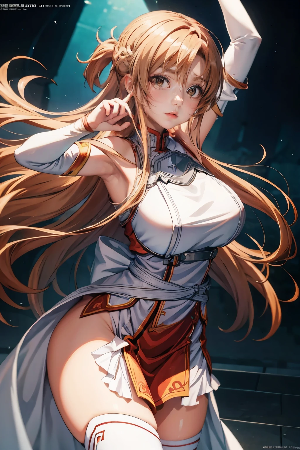Asuna, the iconic character from the popular anime series Sword Art Online, is beautifully depicted in this high-resolution poster wallpaper by the talented artist g_g-g-g. The artwork showcases Asuna in stunning detail, with her mesmerizing eyes and perfectly rendered lips capturing every nuance of her character. The use of oil painting in this piece adds a vibrant and vivid touch to the colors, bringing Asuna to life in a way that is truly breathtaking. The studio lighting enhances the overall composition, creating a cinematic feel reminiscent of a movie scene. Asuna's curvy body, accentuated by her perfectly shaped figure and revealing attire, exudes confidence and allure. With her arms up in the air, the artist has captured a moment of action, as