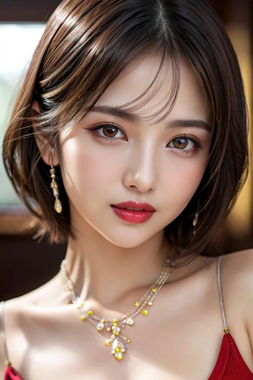 (highest quality、table top、8K、best image quality、Award-winning work)、(one young girl, 14 years old:1.3)、(Perfect V-neck red long knit sweater:1.2)、(red eyeshadow:1.2)、perfect makeup、long eyelashes、Super high-definition sparkling eyes、ultra high definition hair、ultra high resolution glossy lips、Super high resolution perfect teeth、Super high resolution cute face、brown hair、(very short straight hair:1.1)、look at me and smile、[clavicle]、accurate anatomy、(close up of face:1.5)、Luxury love hotel、(The most moody warm lighting:1.2)、blurred background、With bangs、Super high-resolution glossy and moisturized face、Super high resolution glowing skin、most detailed face、Ultra high resolution detailed faces、ultra high resolution hair、Super high resolution sparkling eyes、Beautiful face drawn in every detail、Super high resolution glossy red lips、big breasts、cleavage、Fashionable necklaces